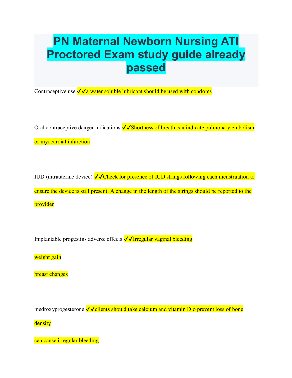 Preview of PN Maternal Newborn Nursing ATI Proctored Exam study guide already passed